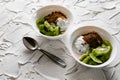 A pair of small dessert bowls with fresh kiwi fruit, white ice cream, yogurt and chocolate chips on a white stone background