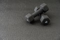 Pair of small hand weights on a black gym floor