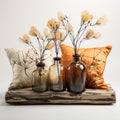 Elegant Floral Vases On Wooden Couch Dark Orange And Gray Design