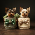 Adorable Yorkshire Terrier Dogs In Miniature Flowerpot Costumes