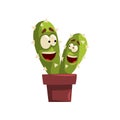 Pair of smiling cactuses characters in a clay pot, succulent plant with funny face in flowerpot vector Illustration