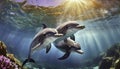 Pair of smiling dolphins glides gracefully beneath the ocean surface, illuminated by sunlight Royalty Free Stock Photo
