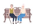 Pair of smiling elderly women sitting on bench and talking. Happy meeting of two old ladies or friends. Cute flat female