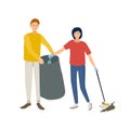 Pair of smiling male and female volunteers collecting garbage in trash bag isolated on white background. Ecological