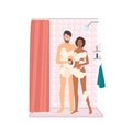 Pair of smiling man and woman taking shower together. Male and female cartoon characters washing in bathroom and