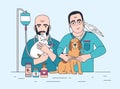 Pair of smiling veterinarians holding cat, dog and parrot. Happy vets with pets. Doctors working in veterinary clinic