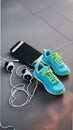A pair of sneakers, headphones, and a smartphone on the pavement illustration Artificial Intelligence artwork generated Royalty Free Stock Photo