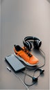 A pair of sneakers, headphones, and a smartphone on the pavement illustration Artificial Intelligence artwork generated Royalty Free Stock Photo