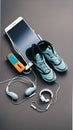 A pair of sneakers, headphones, and a smartphone on the pavement illustration Artificial Intelligence artwork generated Royalty Free Stock Photo
