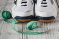 Pair of sneakers isolated on the reclaimed wood background Royalty Free Stock Photo