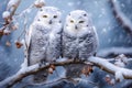 Pair of snowy owls perched on a branch in the middle of a snowfall