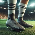 Pair of soccer cleats on legs on a grass field with a blurred background of a stadium and crowd.