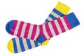 Pair socks with different lines isolated on white background. Colorful socks son white background. Colored socks on the leg