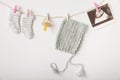 pair socks pacifier headwear sonography picture hanging string with clothes peg. High quality photo