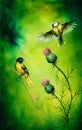 Pair of songbirds flattering above a distel flower, on an emerald green background.