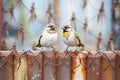 pair of sparrows on metal fence