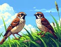 Pair of Sparrows Sitting on Grass Under Blue Sky Royalty Free Stock Photo