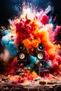 Pair of speakers sitting on top of pile of colored powder. Generative AI