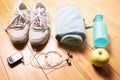 Pair of sport shoes and fitness accessories. Royalty Free Stock Photo