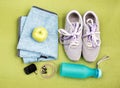 Pair of sport shoes and fitness accessories. Royalty Free Stock Photo