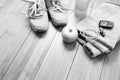 Pair of sport shoes and fitness accessories. Royalty Free Stock Photo