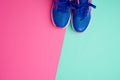 Pair of sports sneakers with blue laces on a colored abstract background Royalty Free Stock Photo