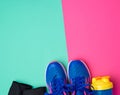 pair of sports sneakers with blue laces on a colored abstract background Royalty Free Stock Photo