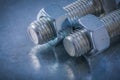 Pair of stainlees bolts screw-nuts on metallic surface construct Royalty Free Stock Photo
