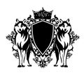 Pair of standing wolves with heraldic shield and royal crown black and white vector design Royalty Free Stock Photo