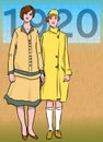 a pair of standing women posing in 1920s style clothes. illustration