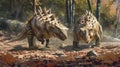 A pair of stegosaurs collaborating to excavate a shallow pit in the ground and line it with soft leafy bedding for their