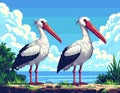 Pair of Storks Standing by the Water on a Bright Day Royalty Free Stock Photo