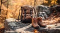 Hiking boots and backpack on a rock