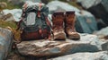 Hiking boots and backpack on a rock