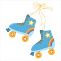 Pair stylish blue roller skates with stars, laces and rainbow in retro style of 60s 70s.