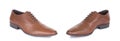 Pair of classical brown red laced autumn man leather ankle boots shoes. Two isolated