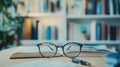 Glasses Rest on Opened Book in Front of Filled Bookshelves in Daytime Royalty Free Stock Photo