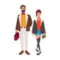 Pair of stylish hipsters. Young man and woman dressed in fancy trendy clothes. Stylish couple. Cute male and female Royalty Free Stock Photo