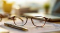 Pair of stylish reading glasses resting on printed documents next to a silver pen with soft warm sunlight creating a cozy work or Royalty Free Stock Photo