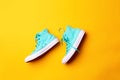 Pair of stylish sneakers laing on yellow background