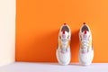 Pair of stylish sneakers near color wall