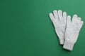 Pair of stylish woolen gloves on green background, flat lay. Space for text Royalty Free Stock Photo