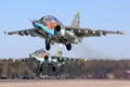 Pair of Sukhoi SU-25 military aircrafts of Russian Air Force preparing for Victory Day parade at Kubinka air force base. Royalty Free Stock Photo