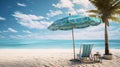 Pair of sun loungers and beach umbrella on a deserted beach perfect vacation concept