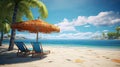 Pair of sun loungers and beach umbrella on deserted beach perfect vacation concept