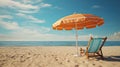 Pair of sun loungers and beach umbrella on deserted beach perfect vacation concept