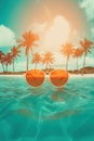 A pair of sunglasses sitting on top of a body of water. Generative AI image.