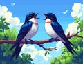 Pair of Swallows Singing on Branch in Bright Sky Royalty Free Stock Photo
