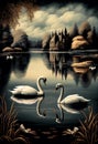 Pair of swans enjoy the surface of the lake.AI generated Royalty Free Stock Photo