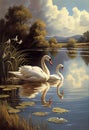 Pair of swans enjoy the surface of the lake.AI generated Royalty Free Stock Photo